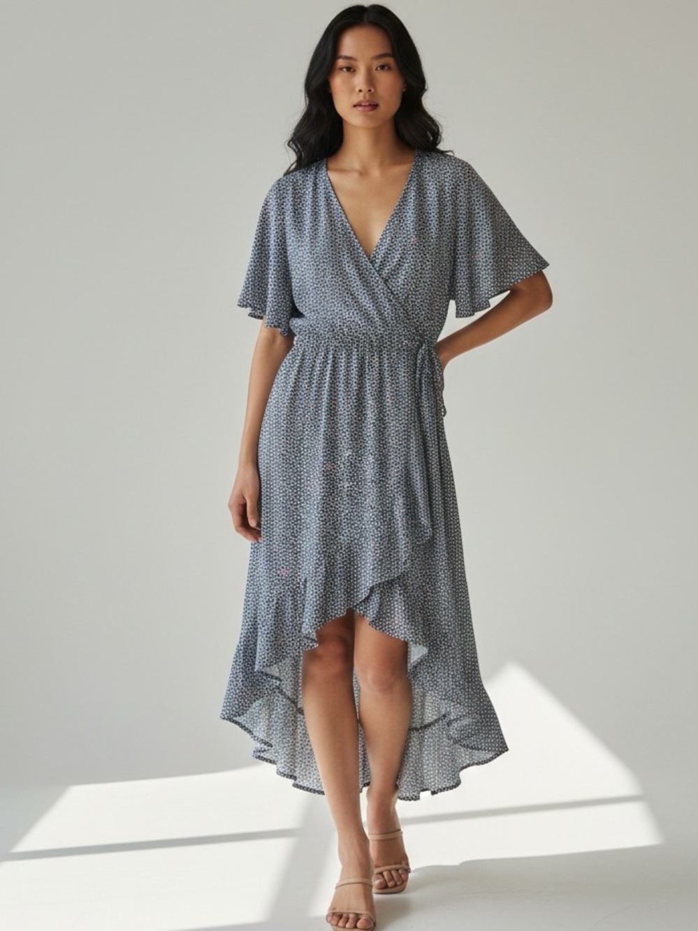 J. Crew Navy Floral Faux Wrap High-Low Dress M